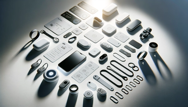 Collection of smart tracking devices arranged on a clean white surface