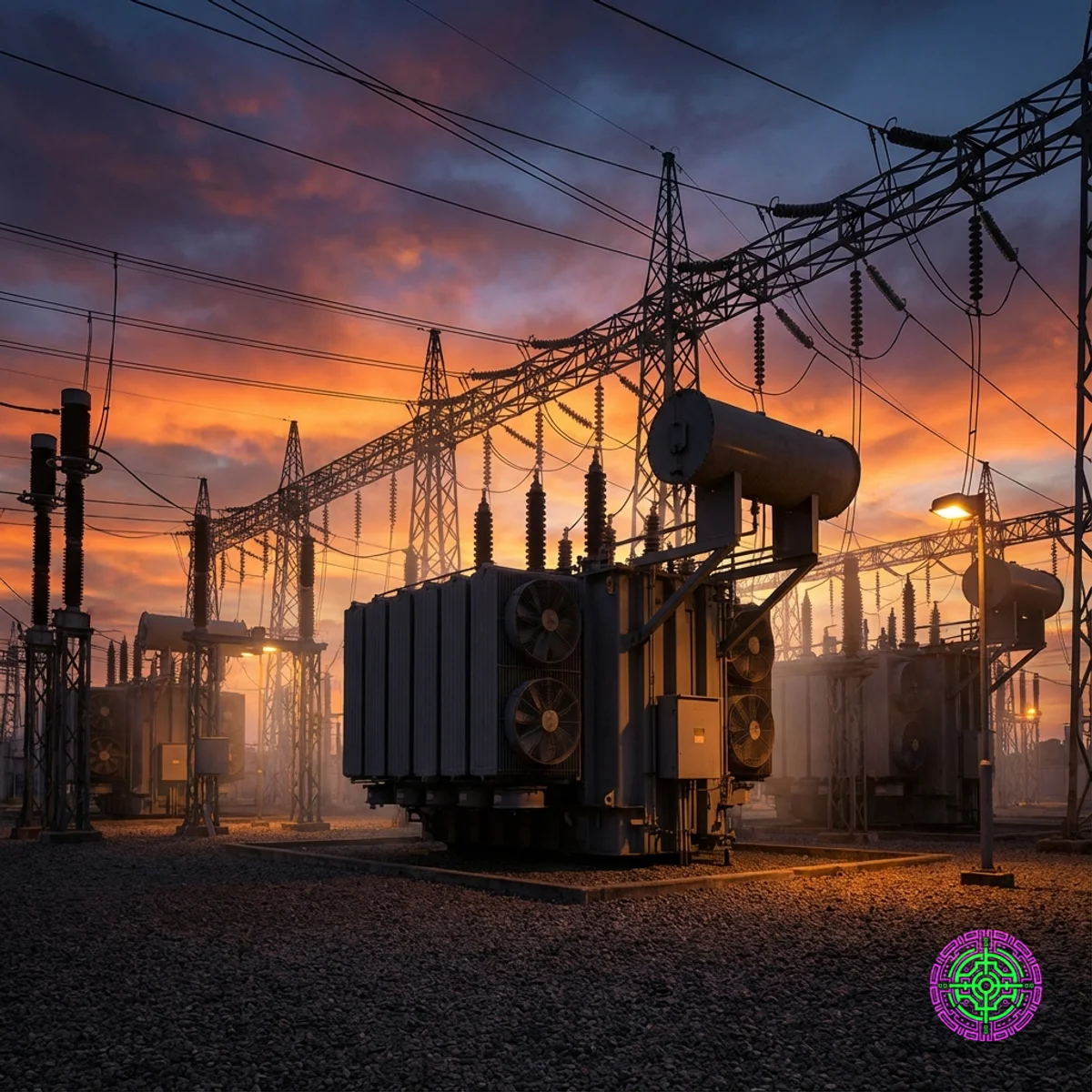 Ein Hochspannungs-Umspannwerk bei Sonnenuntergang, das den kritischen Engpass der Netzinfrastruktur darstellt.