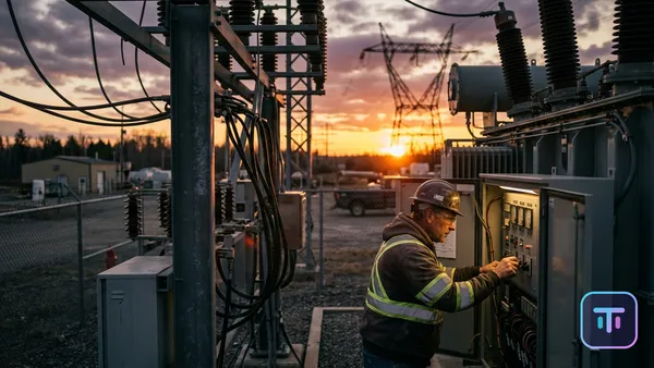 Una subestación eléctrica de alto voltaje al atardecer, que representa el cuello de botella crítico de la infraestructura de la red.