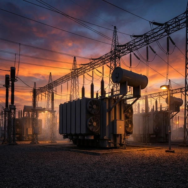 A high-voltage electrical substation at sunset, representing the critical grid infrastructure bottleneck.