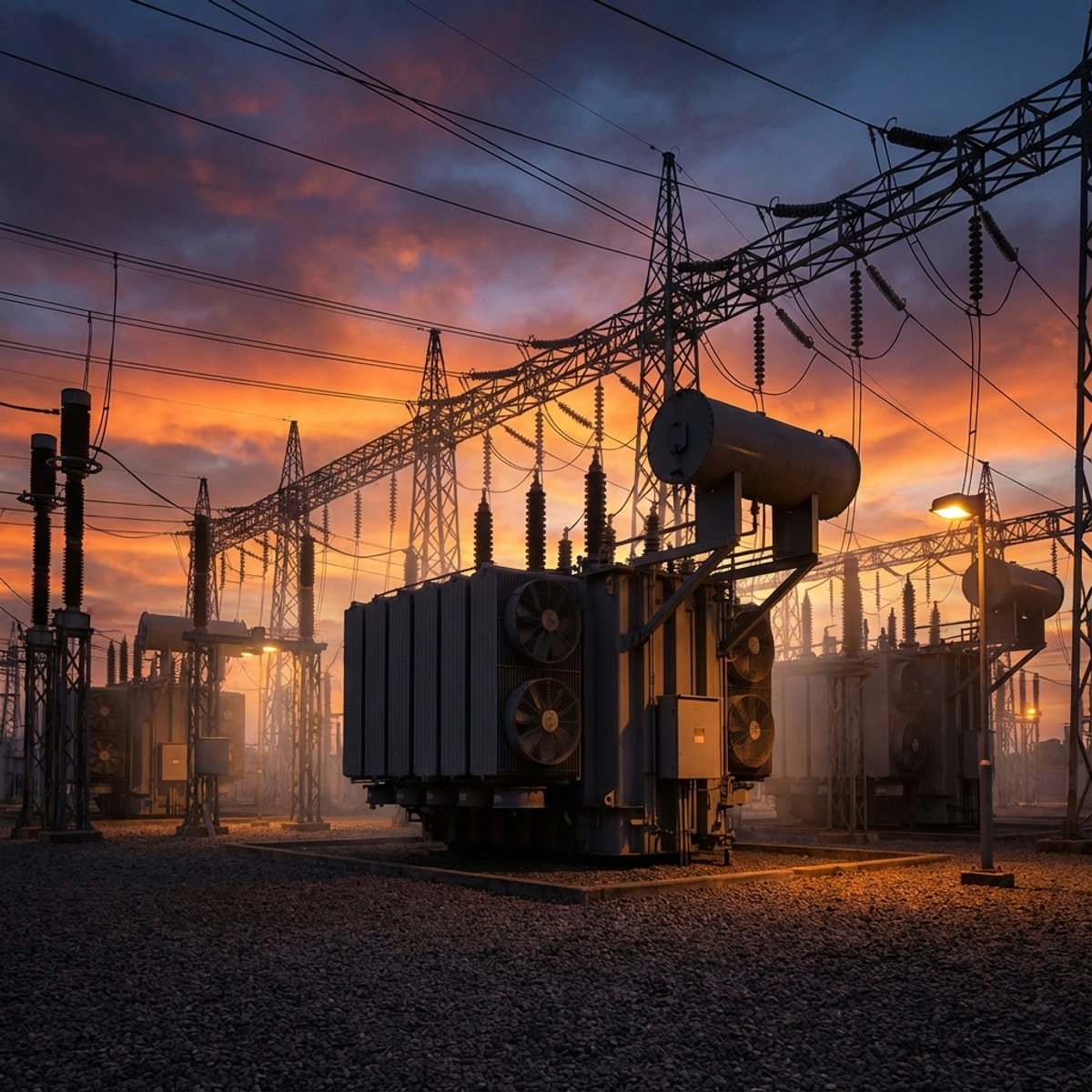 A high-voltage electrical substation at sunset, representing the critical grid infrastructure bottleneck.