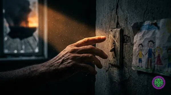Nahaufnahme einer verwitterten Hand, die nach einem Lichtschalter an einer rissigen Betonwand im Dunkeln greift, warmes bernsteinfarbenes Licht einer fernen Explosion durch ein Fenster sichtbar, Staubpartikel schweben im sterbenden Licht, eine Kinderzeichnung an die Wand gepinnt, Kriegsfotografie-Stil, fotojournalistischer Realismus