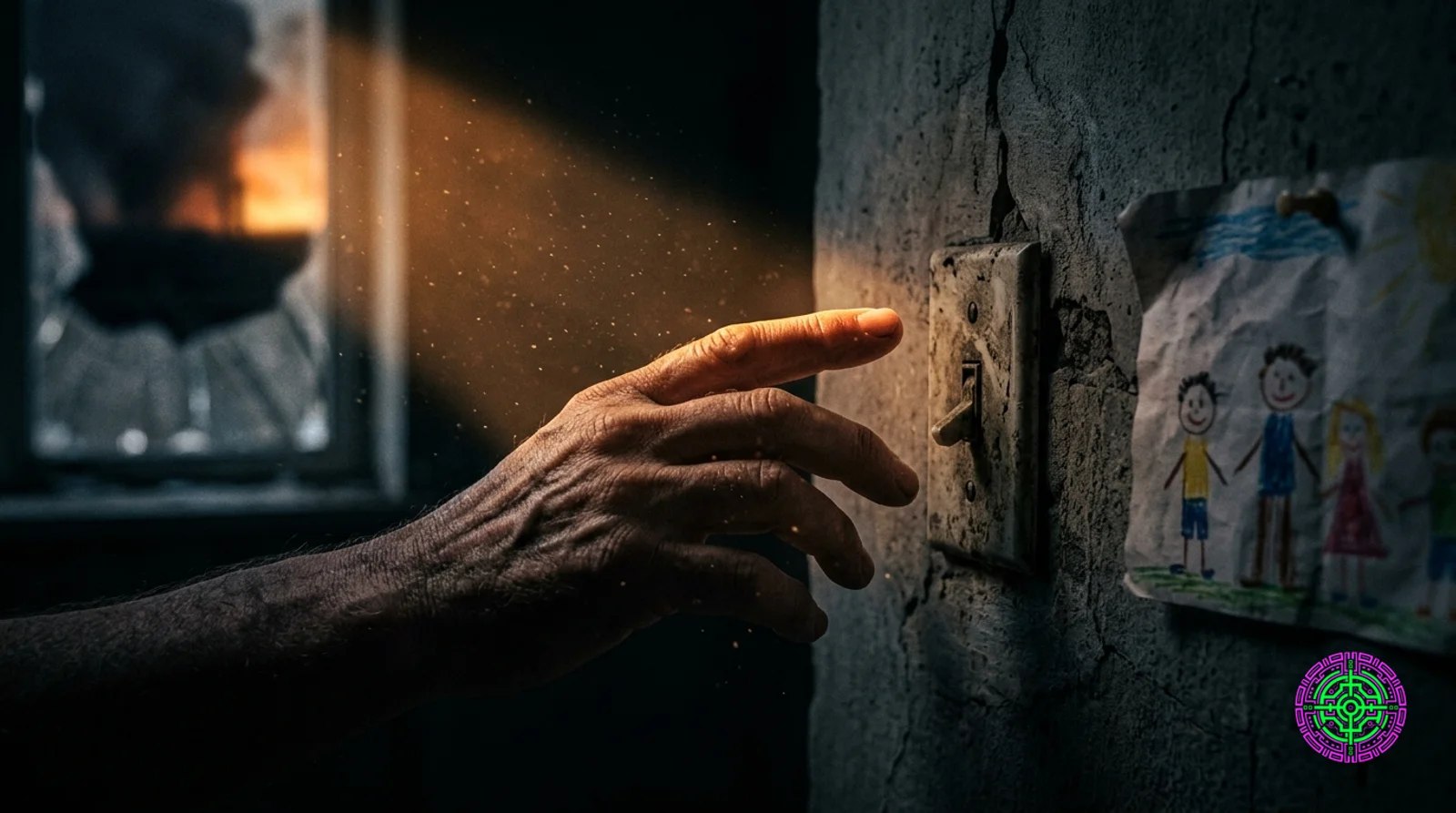 Close-up of a weathered hand reaching for a light switch on a cracked concrete wall in darkness, warm amber light from a distant explosion visible through a window, dust particles floating in the dying light, a child's drawing pinned to the wall, war photography style, photojournalistic realism