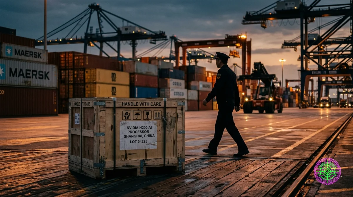A sealed shipping crate stenciled with an Nvidia H200 spec label sitting unmoved on a Shanghai loading dock at dusk, a customs officer's silhouette walking past it without stopping.