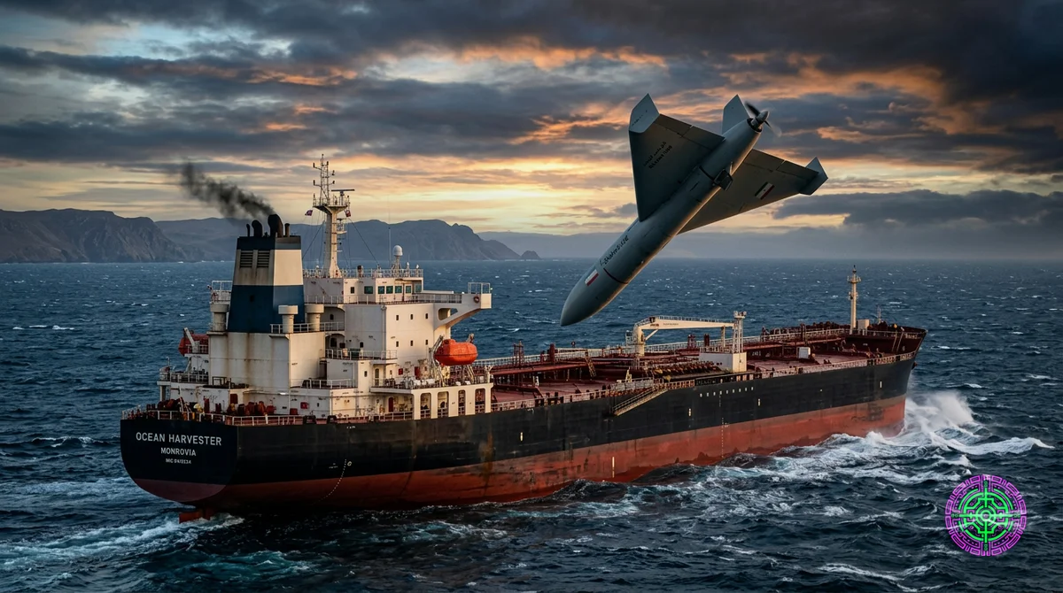 Munición merodeadora iraní Shahed-136 sumergiéndose hacia un petrolero VLCC comercial en el océano, hiperrealista, iluminación dramática, cinematográfica de alto contraste