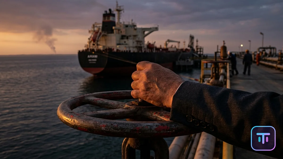 A hand in a suit sleeve turning a large industrial oil-pipeline valve to the closed position on an export jetty, a laden supertanker and the Strait of Hormuz behind at dusk.