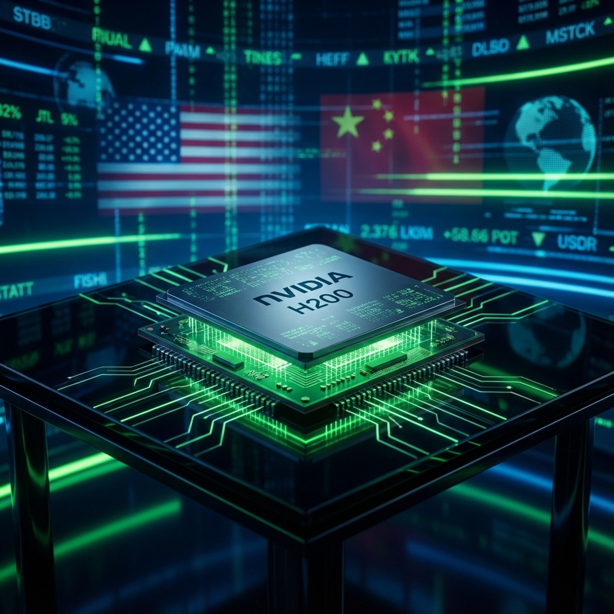 数字桌面上带有美国和中国国旗背景的英伟达H200芯片