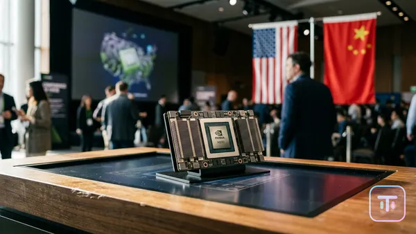 Nvidia H200-Chip auf einem digitalen Tisch mit US- und China-Flaggen im Hintergrund