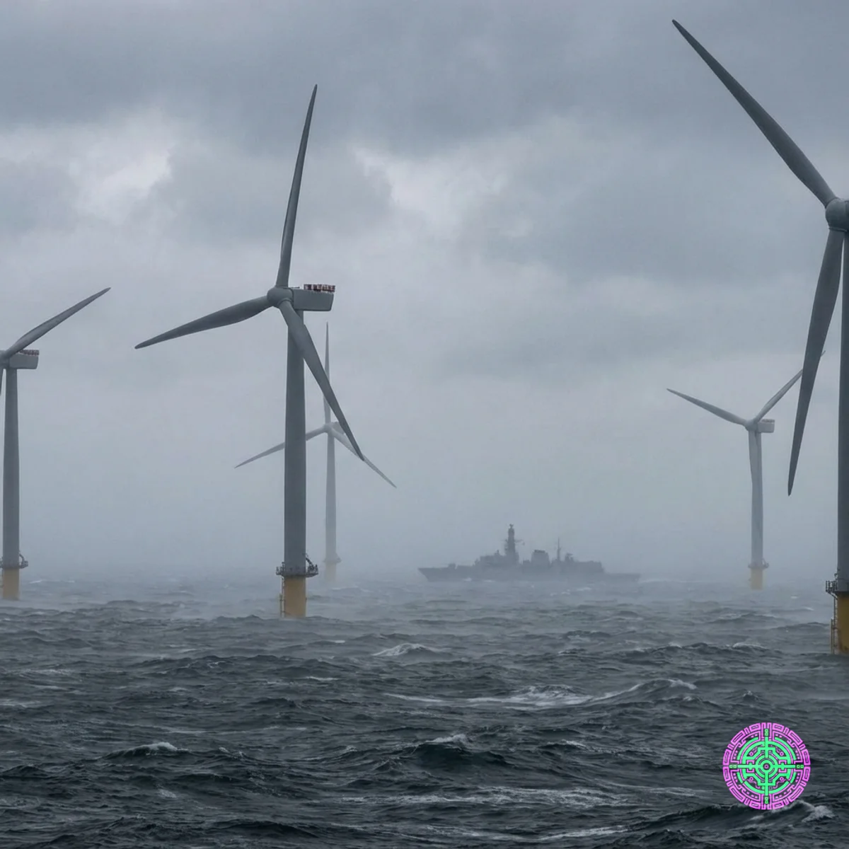 Offshore wind turbines silhouetted against a dark storm front with naval vessel in distance