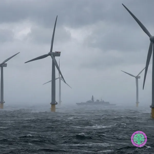 Offshore wind turbines silhouetted against a dark storm front with naval vessel in distance