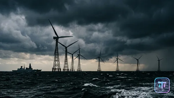 Turbinas eólicas marinas silueteadas contra un frente de tormenta oscuro con un buque naval a la distancia