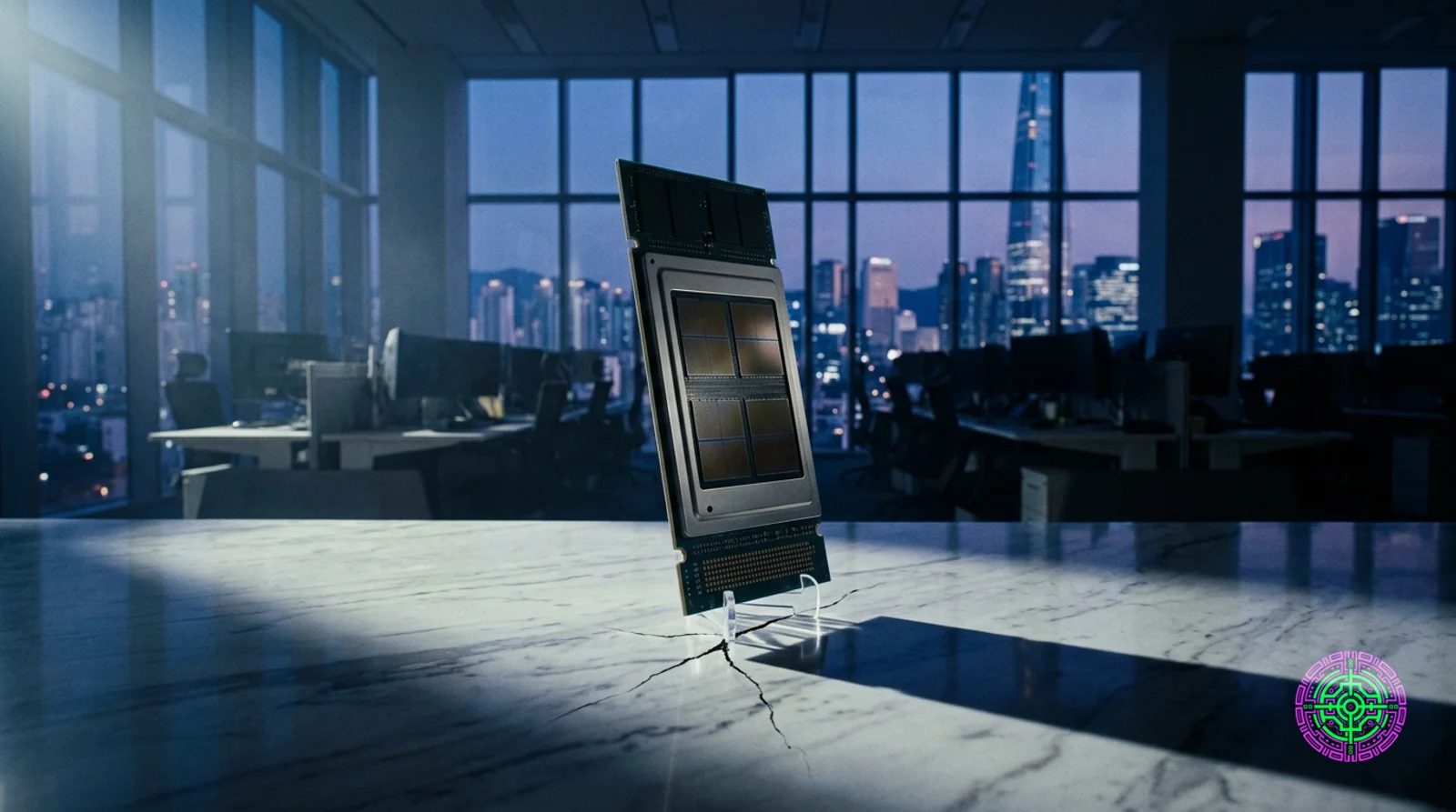 A single oversized memory chip balanced on a thin pedestal casting a long shadow over a city skyline at dusk