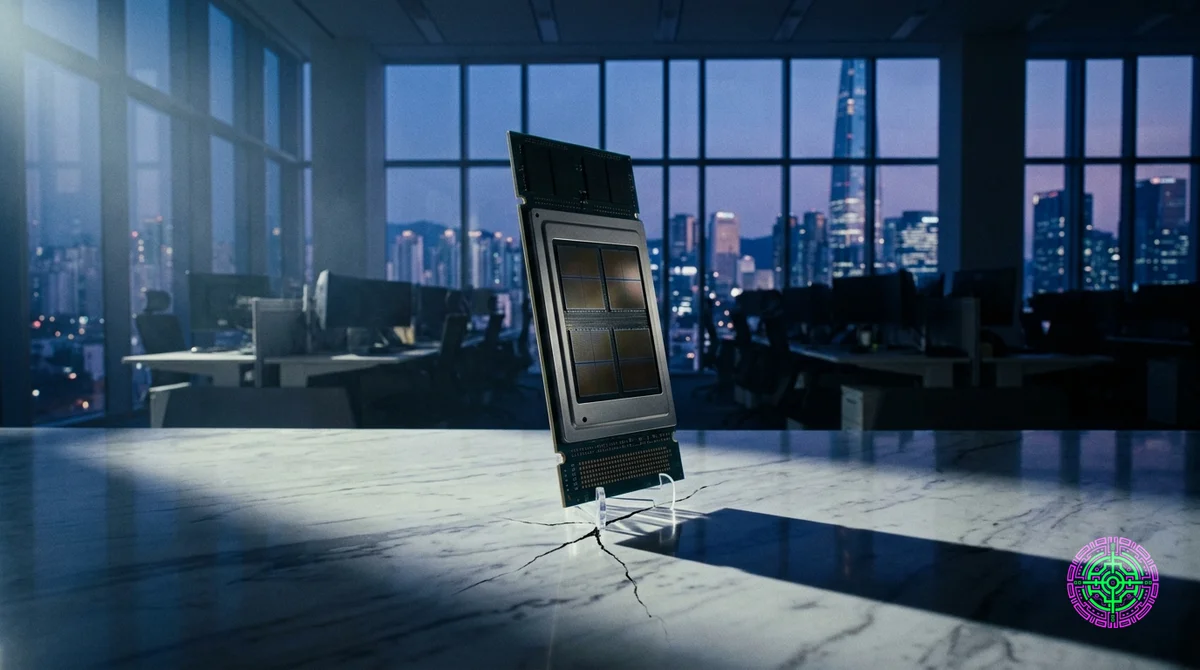 A single oversized memory chip balanced on a thin pedestal casting a long shadow over a city skyline at dusk