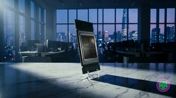 A single oversized memory chip balanced on a thin pedestal casting a long shadow over a city skyline at dusk