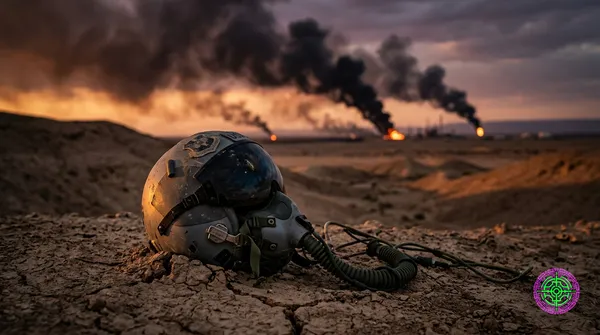 Dramatic close-up of a military pilot's flight helmet and oxygen mask abandoned on cracked desert ground, with distant black smoke columns and the orange glow of burning oil infrastructure on the horizon at dusk