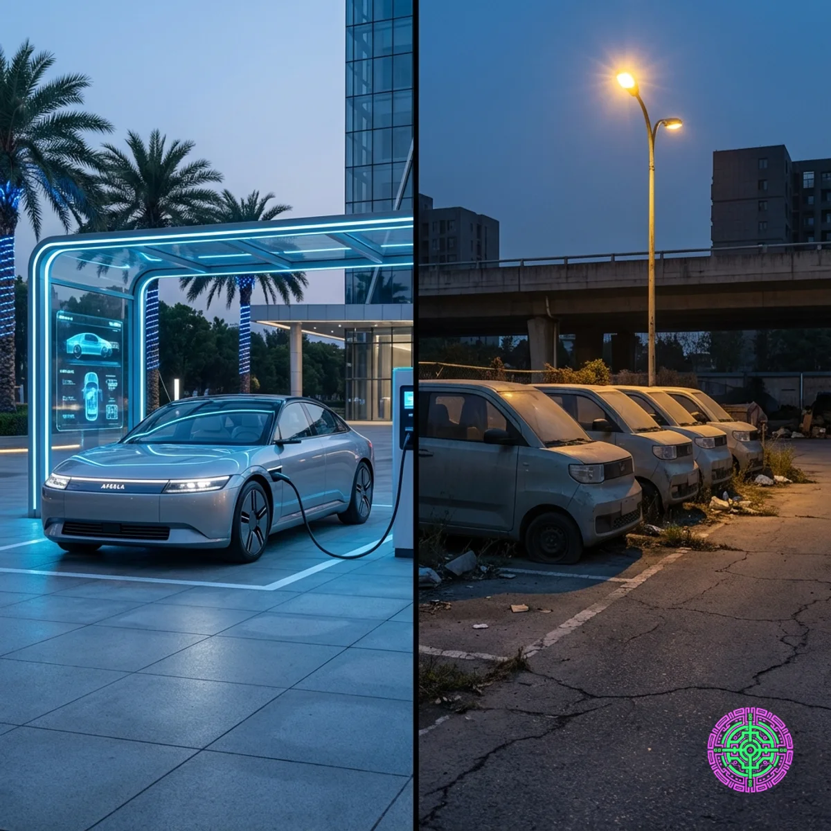 Una imagen dividida que muestra una estación de carga de vehículos eléctricos de lujo de alta tecnología junto a un estacionamiento polvoriento de vehículos eléctricos básicos abandonados.