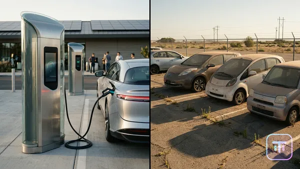 A split image showing a high-tech luxury EV charging station next to a dusty parking lot of abandoned basic EVs.