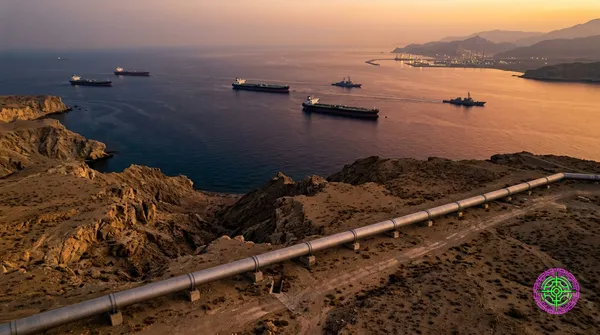 An aerial photojournalistic view of the Strait of Hormuz at dusk with stranded supertankers anchored in the chokepoint, while a massive industrial pipeline arcs across the desert in the foreground heading toward the Gulf of Oman, golden hour light, atmospheric haze, editorial photography style