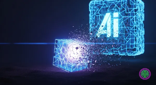 Ein leuchtender, futuristischer Datenkern in Form eines Würfels, der aufreißt und in dunklen Sand zerbricht, während im Hintergrund eine massive, monolithische, leuchtend blaue geometrische KI-Struktur aufsteigt und die losen Daten absorbiert. Kein Text, fotorealistisch, hoher Kontrast, anamorphotische Blende.