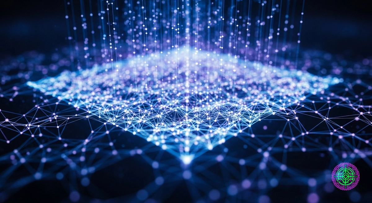 Abstrakte Visualisierung von neuronalen Netzwerkgewichten, die sich in eine einzelne, leuchtende geometrische Ebene komprimieren