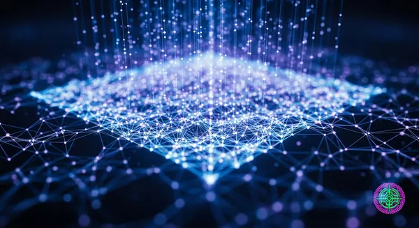 Abstract visualization of neural network weights compressing into a single glowing geometric plane