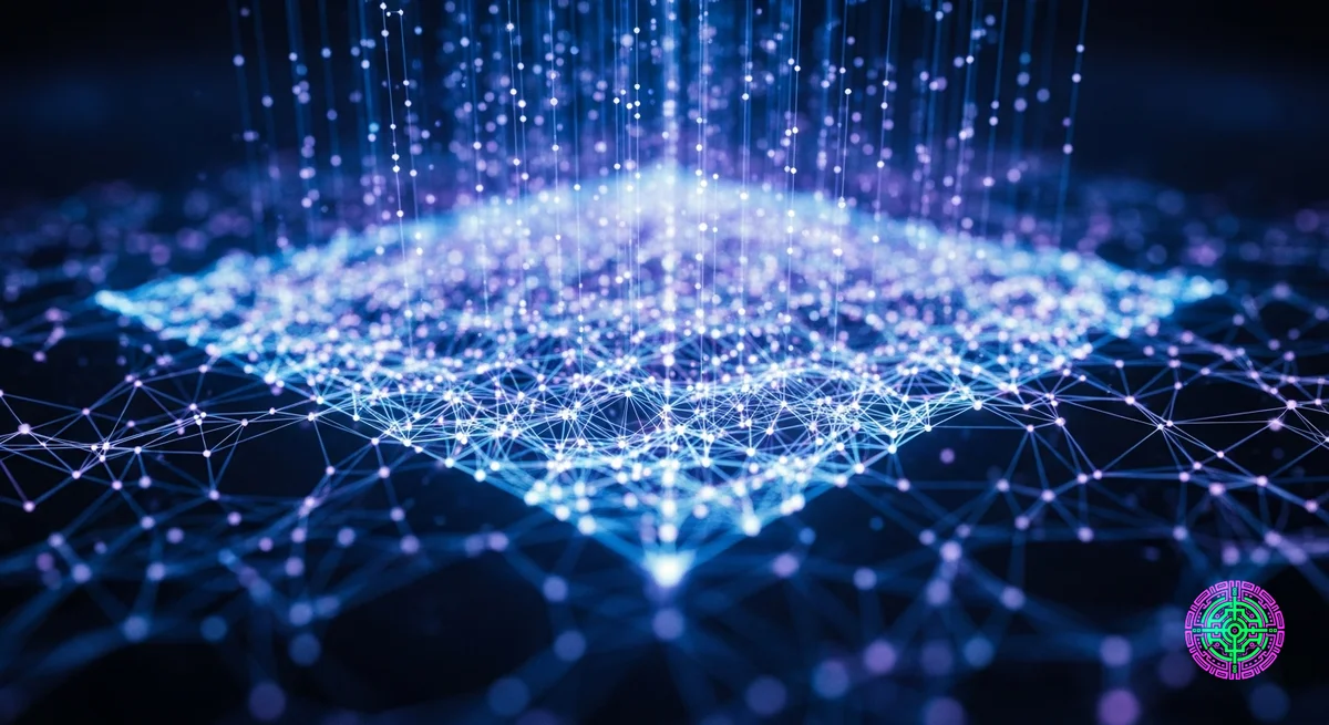 Visualisation abstraite des poids du réseau neuronal se comprimant en un seul plan géométrique brillant