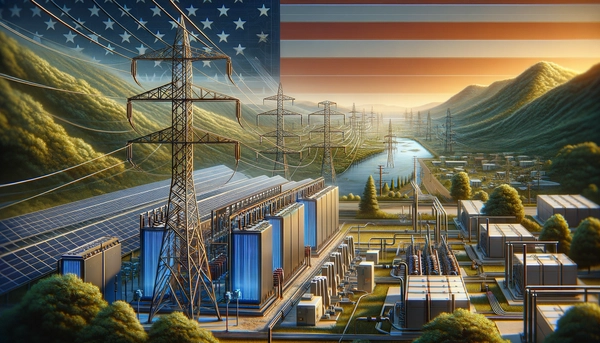 US power grid infrastructure with modern battery storage units in American landscape