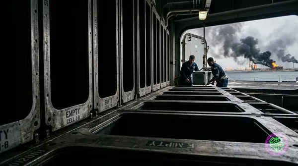 Dramatic close-up of an empty missile rack inside a US Navy destroyer vertical launch system, the last Tomahawk canister being loaded by sailors, with a burning Persian Gulf oil facility visible through the ship's hatch