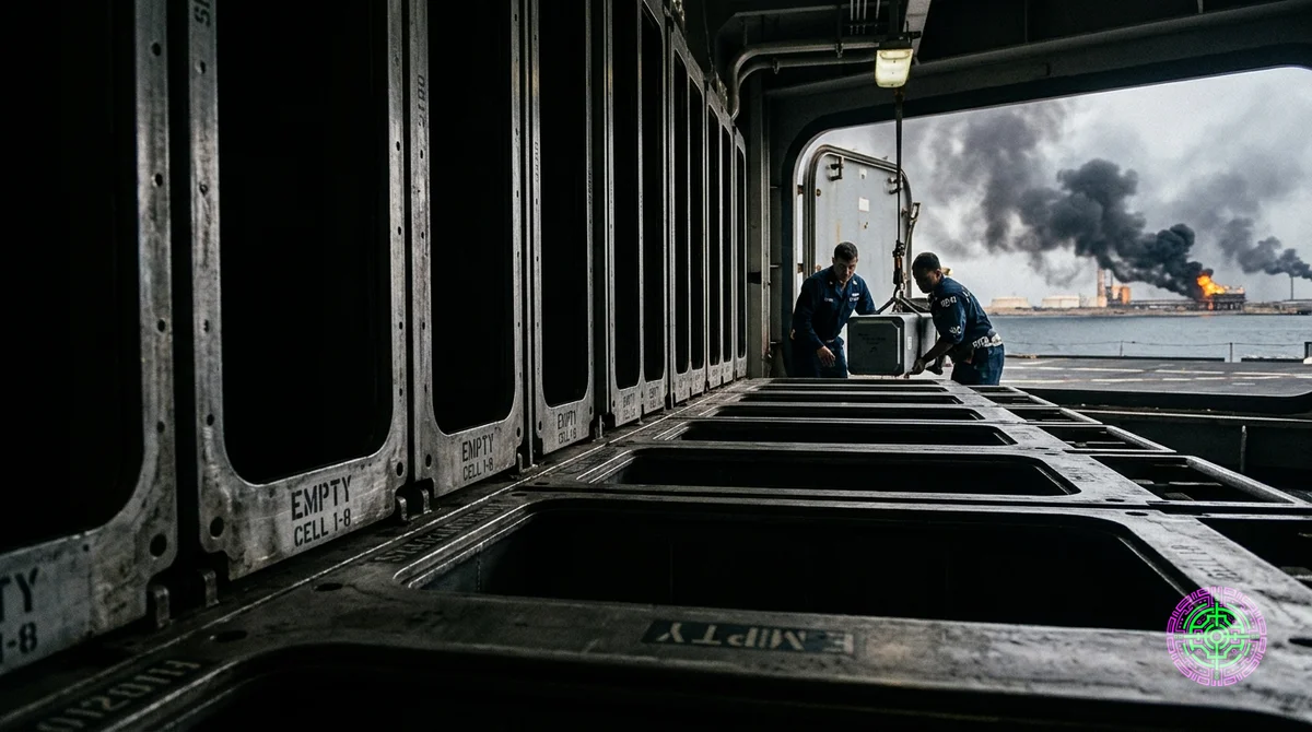 Gros plan spectaculaire d'un rack de missiles vide à l'intérieur d'un système de lancement vertical de destroyer de la marine américaine, la dernière cartouche Tomahawk étant chargée par des marins, avec une installation pétrolière en feu du golfe Persique visible à travers l'écoutille du navire