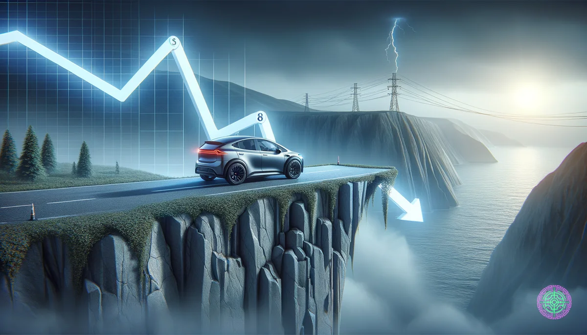 Eine konzeptionelle Darstellung eines Elektrofahrzeugs, das von einer Klippengrafik stürzt, die Subventionen darstellt.