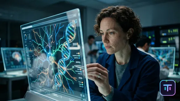 Futuristic medical interface displaying DNA analysis and neural network pathways