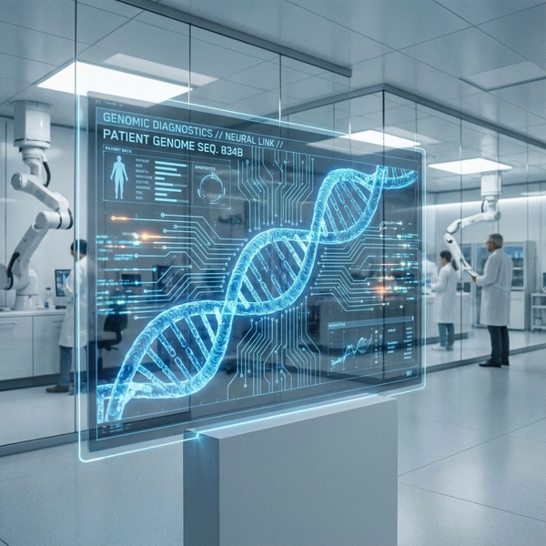 Futuristic medical interface displaying DNA analysis and neural network pathways