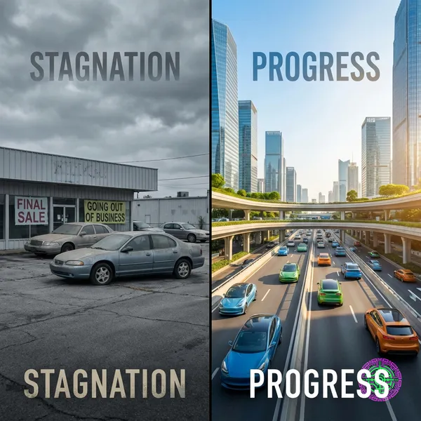 Split screen showing desolate U.S. car lot versus vibrant Chinese EV highway