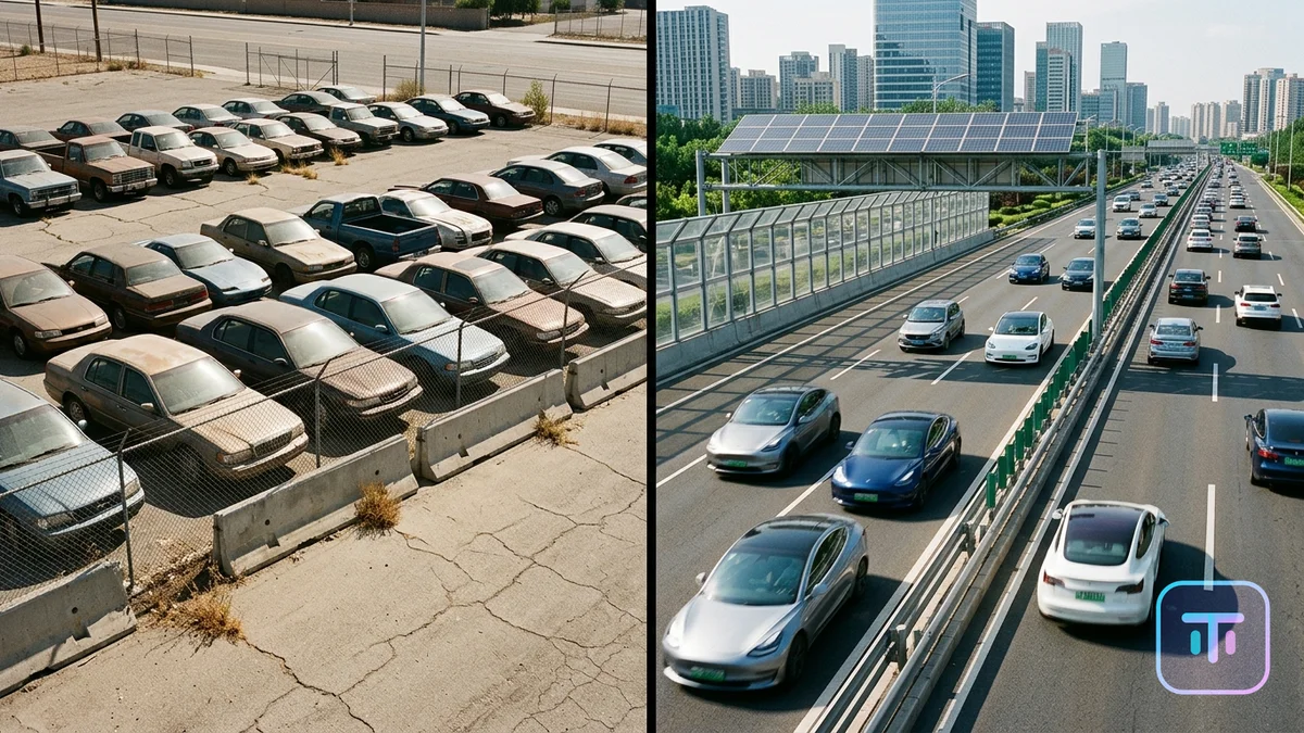 Geteilter Bildschirm, der einen trostlosen US-Autoparkplatz im Vergleich zu einer pulsierenden chinesischen EV-Autobahn zeigt