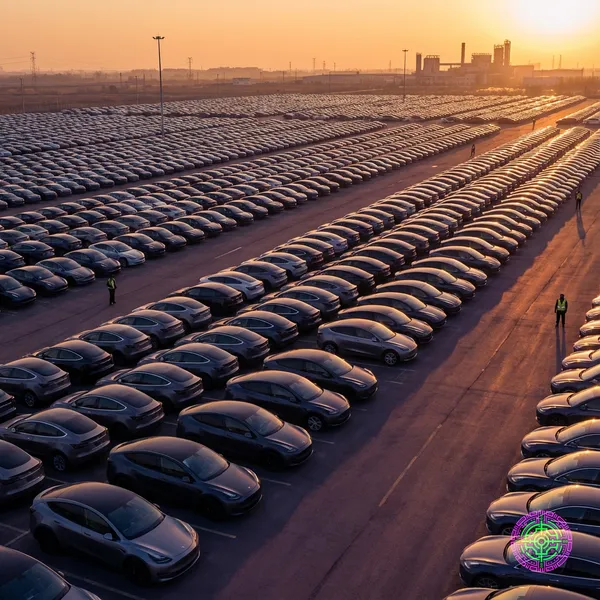Massive parking lot filled with identical electric vehicles at sunset