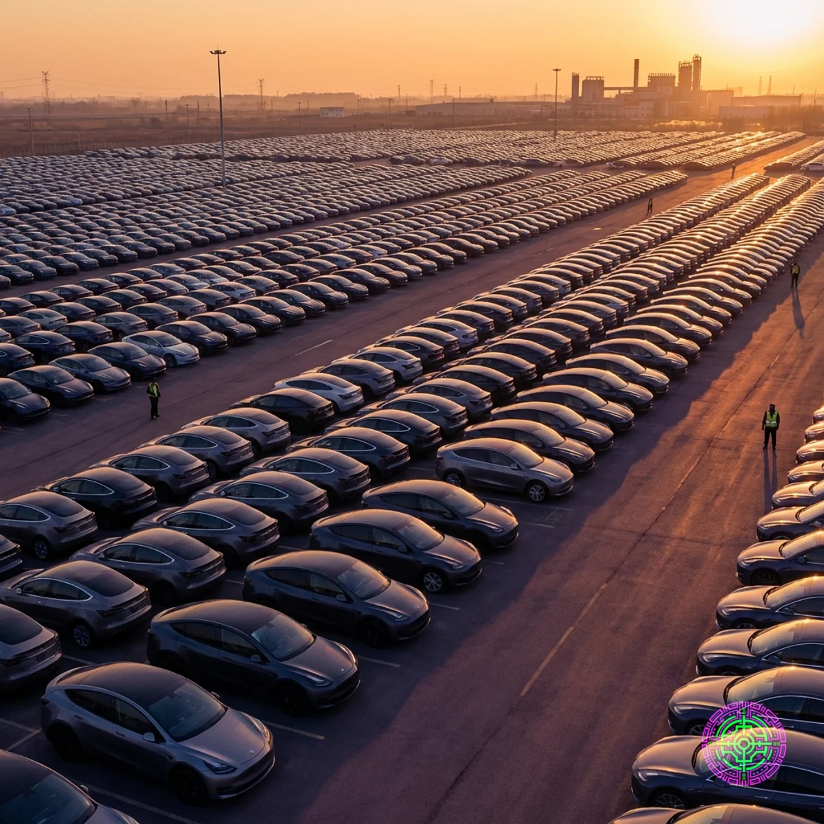 Massive parking lot filled with identical electric vehicles at sunset