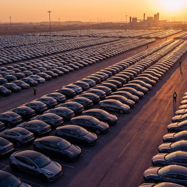 Massive parking lot filled with identical electric vehicles at sunset