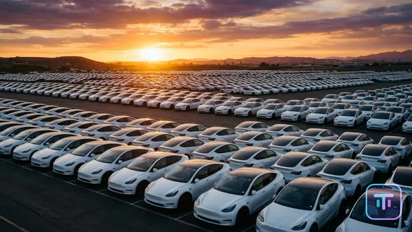 Riesiger Parkplatz voller identischer Elektrofahrzeuge bei Sonnenuntergang