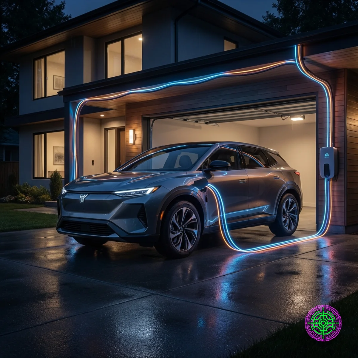 Futuristisches Elektrofahrzeug, das bidirektionales Laden nutzt, um eine private Garage mit Strom zu versorgen