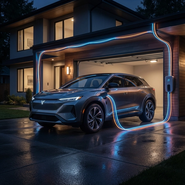 Futuristic EV using bidirectional charging to power a home garage