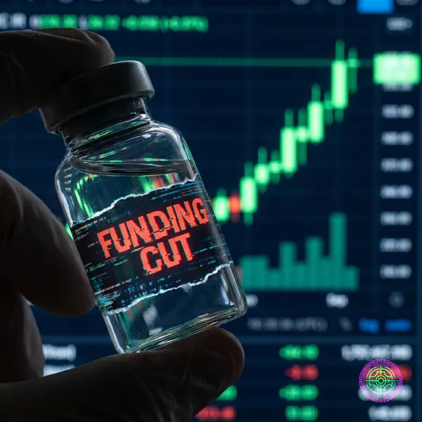 A vaccine vial with a 'funding cut' visual effect against a backdrop of rising stock charts