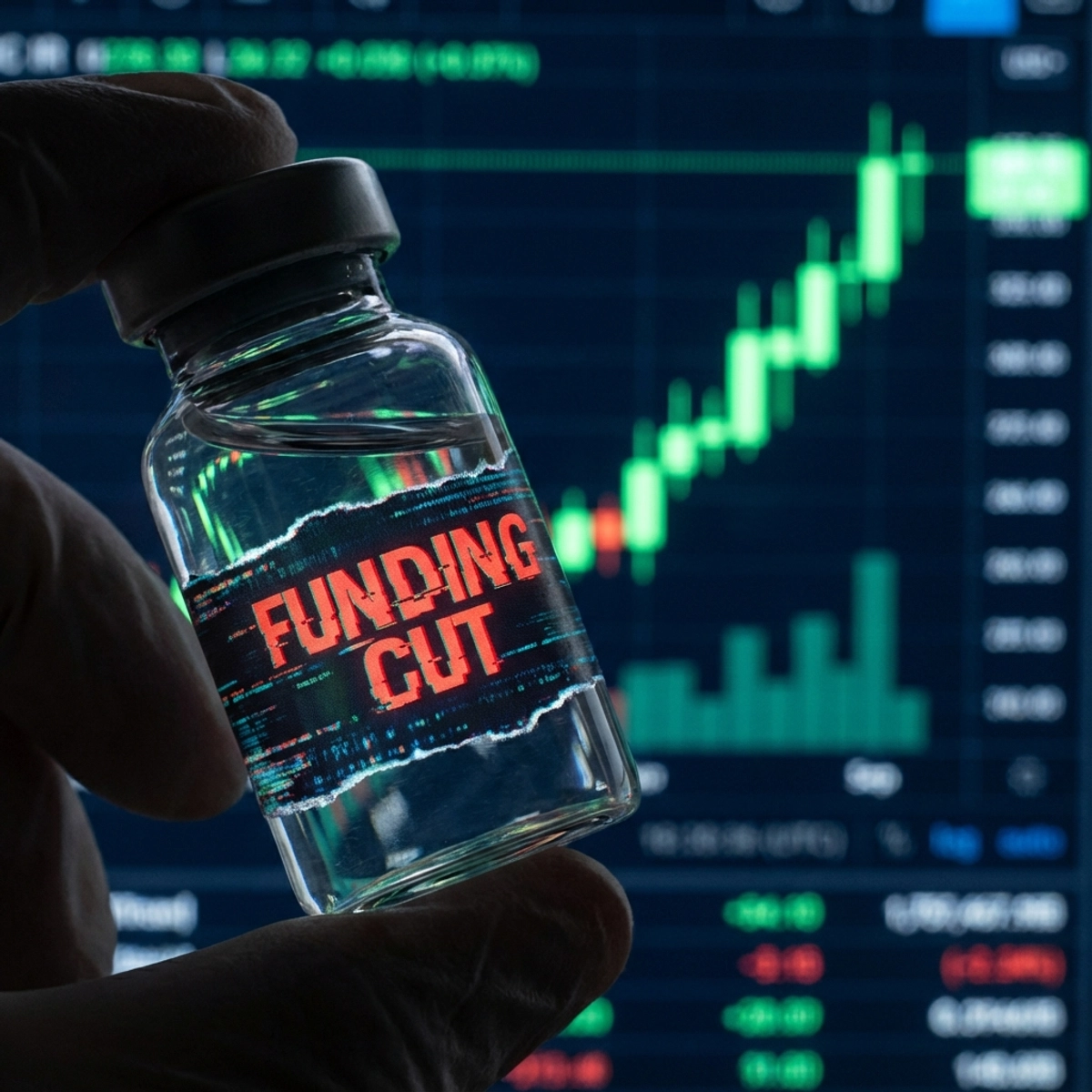 A vaccine vial with a 'funding cut' visual effect against a backdrop of rising stock charts