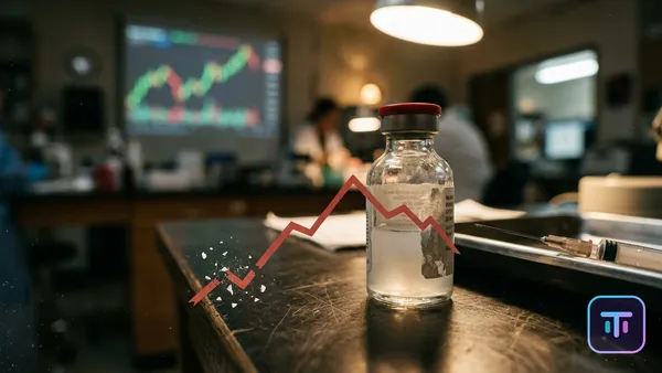 A vaccine vial with a 'funding cut' visual effect against a backdrop of rising stock charts