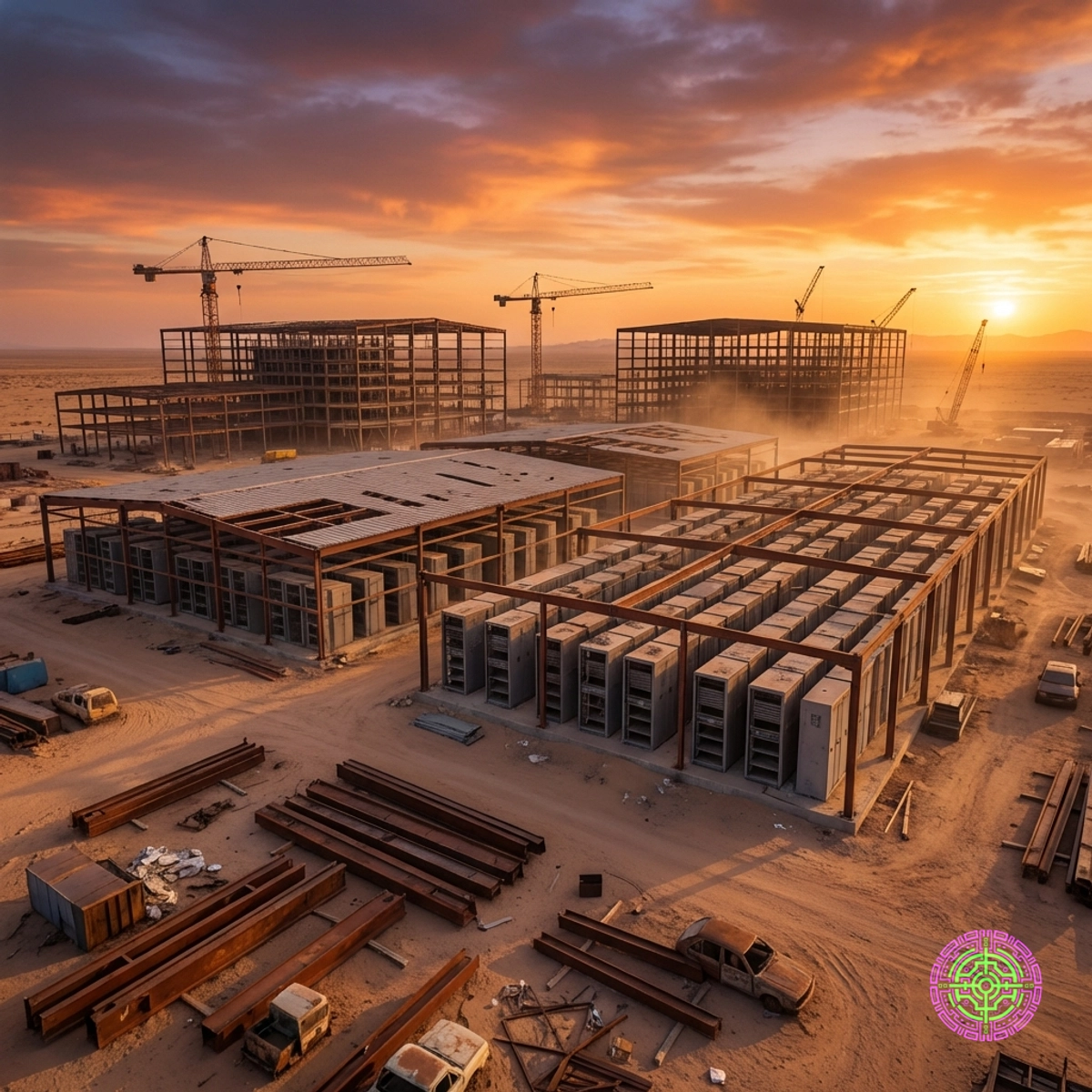 Unfinished data center construction in the desert at sunset representing stranded capital