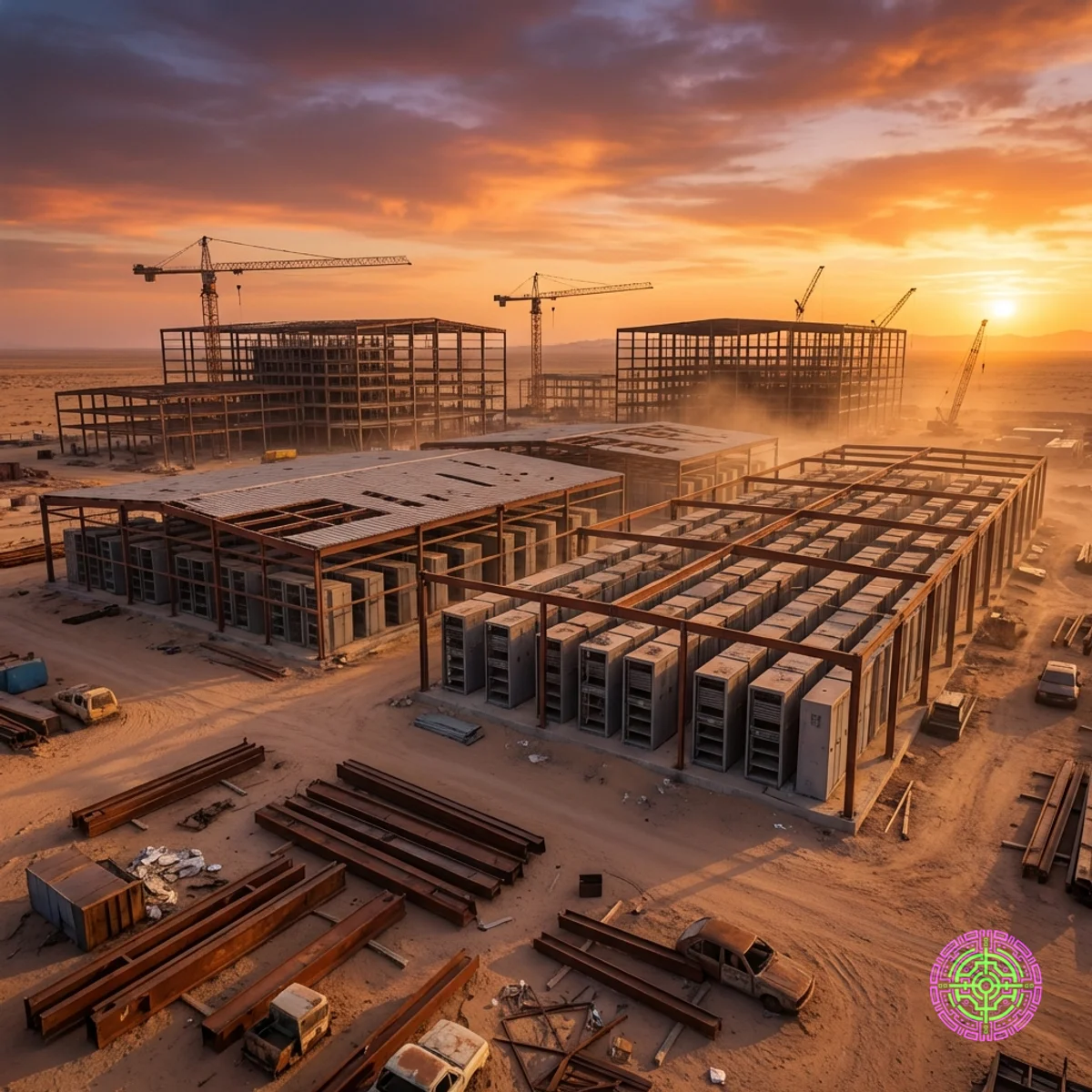 座礁した資本を表す、夕暮れの砂漠にある未完成のデータセンター建設