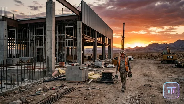 Unfinished data center construction in the desert at sunset representing stranded capital