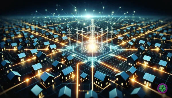 Digital visualization of a smart grid with connected homes and businesses