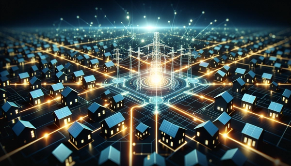 Digital visualization of a smart grid with connected homes and businesses