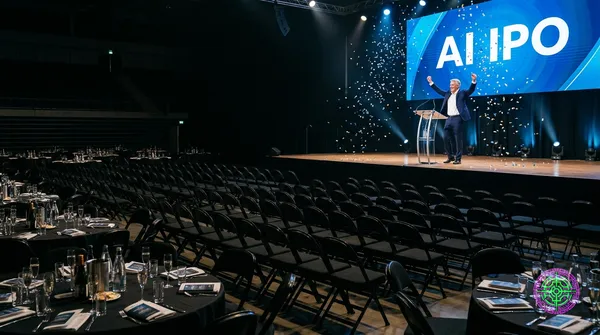 A lone executive celebrating at a podium on a brightly lit stage with an AI IPO banner and confetti, but the entire auditorium audience is completely empty with hundreds of untouched chairs and champagne glasses, editorial documentary photography