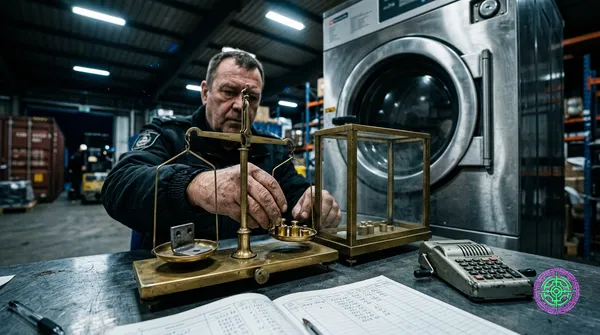 A photojournalistic close-up of a customs official's hands using a balance scale to weigh a small steel bracket against an entire stainless-steel washing machine, harsh fluorescent warehouse lighting, ledger pages and a calculator showing the duty calculation in the foreground